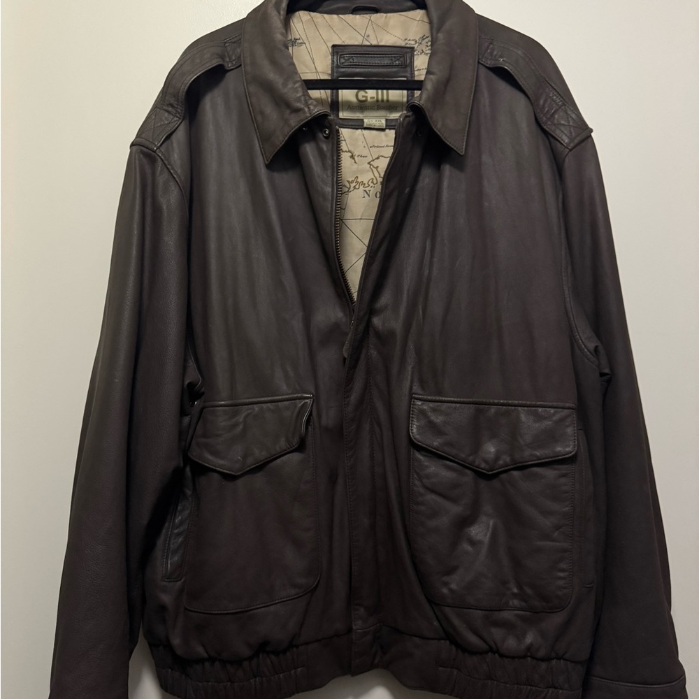 G-III G3 Brown Collared Full Zip Front Leather Shell Bomber Jacket Coat XXL